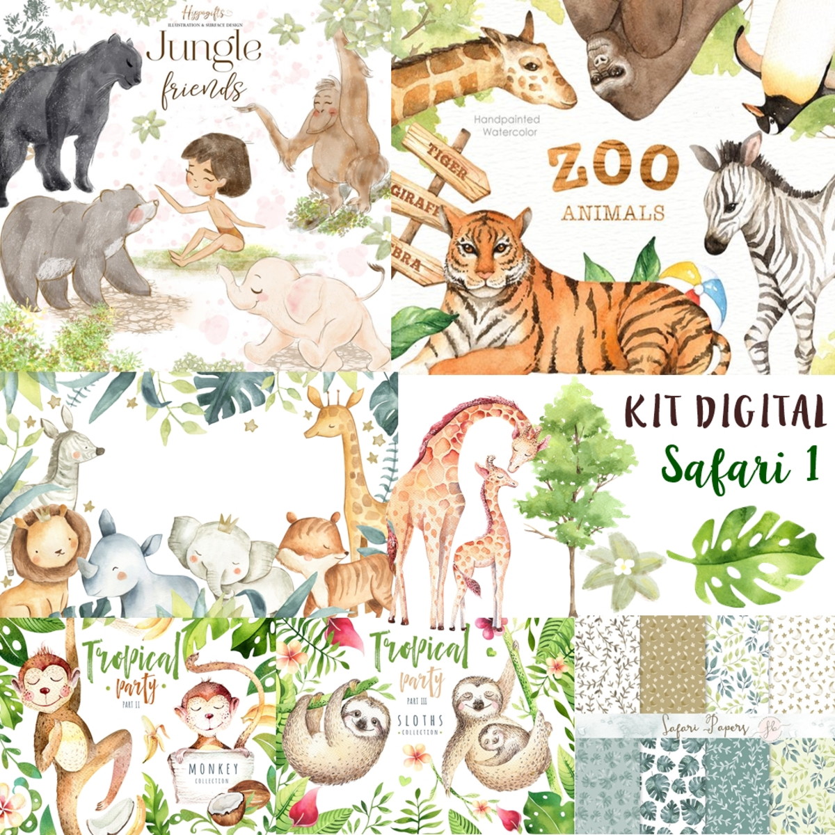 Kit Digital Safari Aquarela 1 + 1 Kit a Sua Escolha