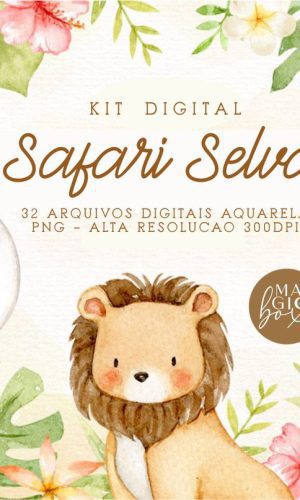 Kit Digital Safari Baby Aquarela 32 Arquivos PNG - Cód.148