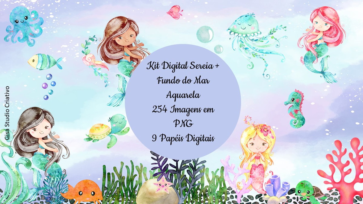 Kit Digital Sereia + Fundo do Mar Aquarela - Imagem 2