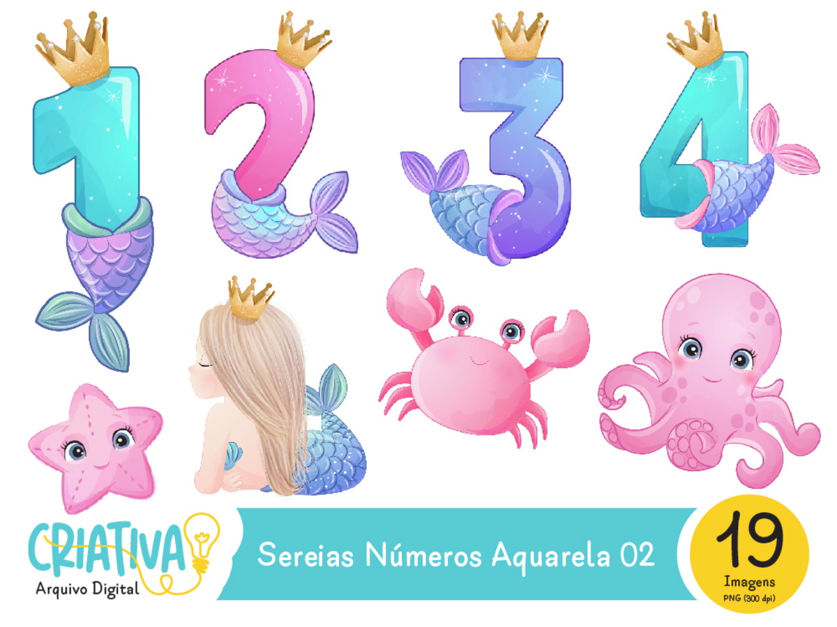 Kit Digital - Sereias Números Aquarela 02