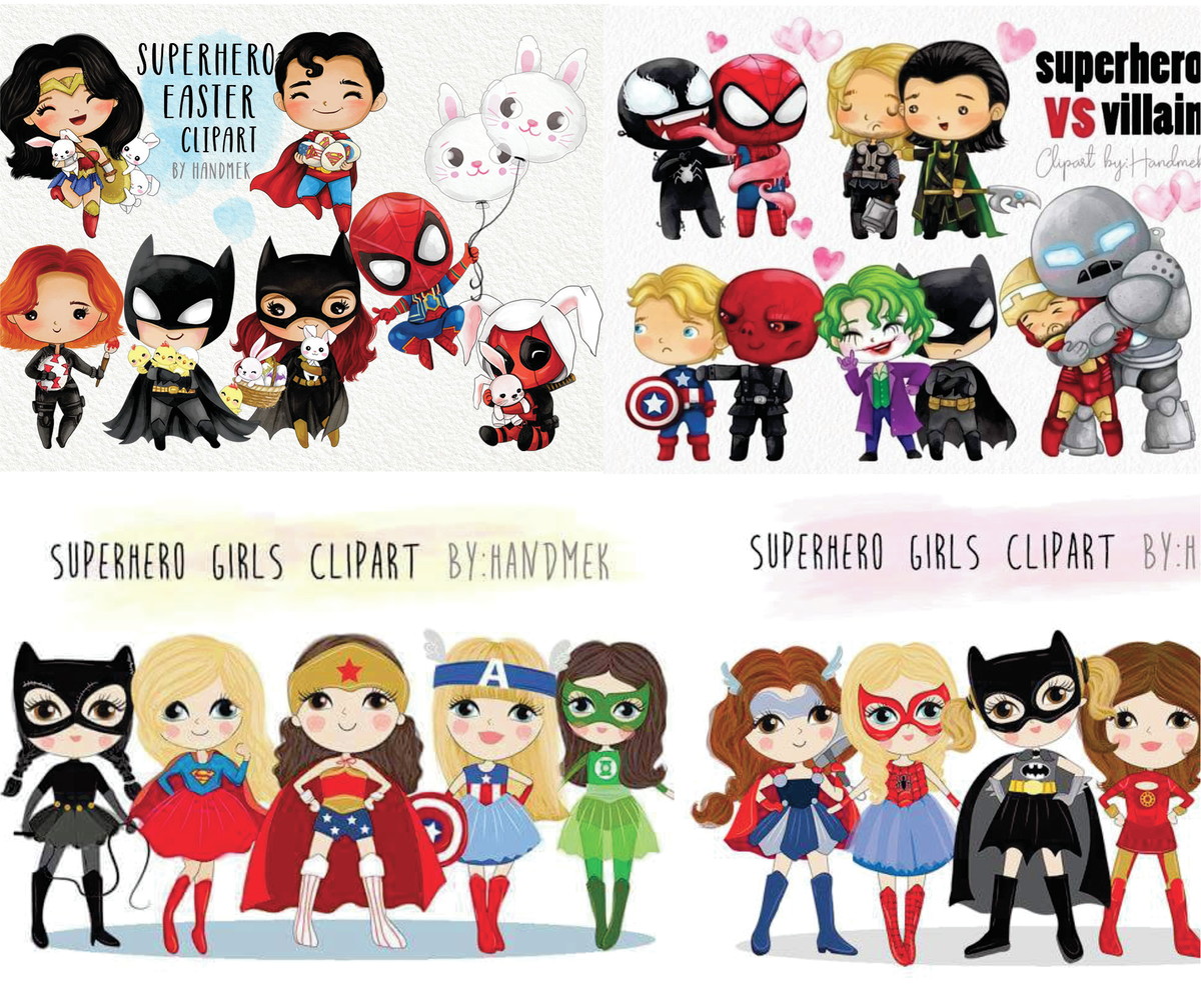 Kit Digital Super Herois aquarela Scrapbook Arquivo Png