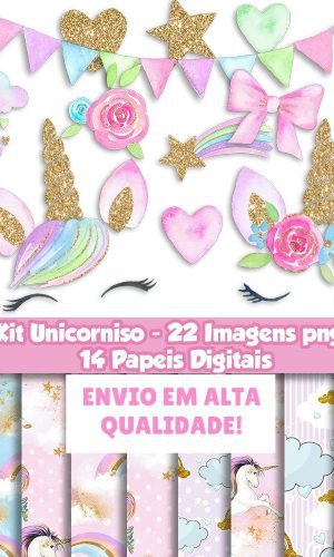 Kit Digital Unicórnio Aquarela | Png