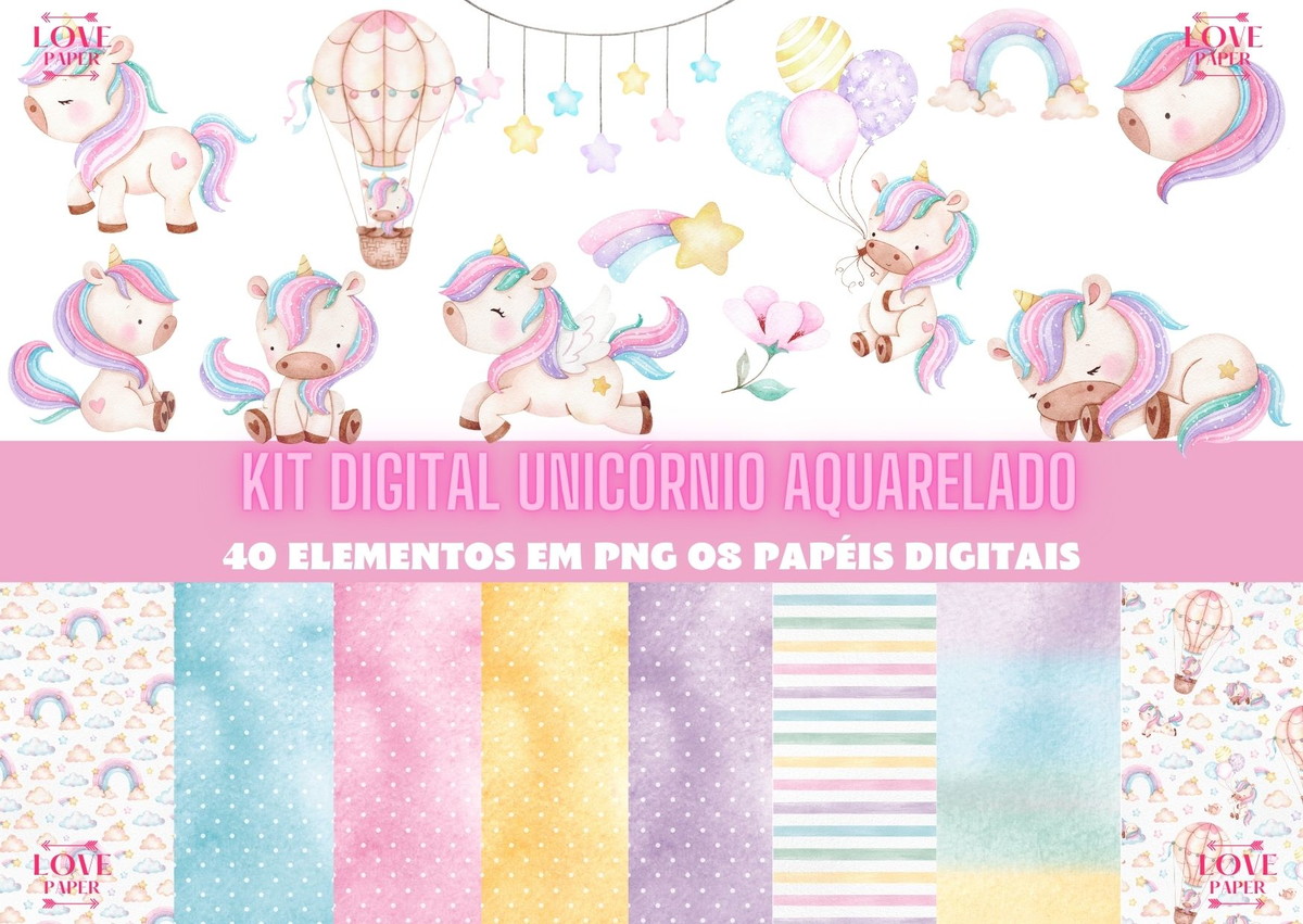 Kit Digital Unicórnio Aquarelado