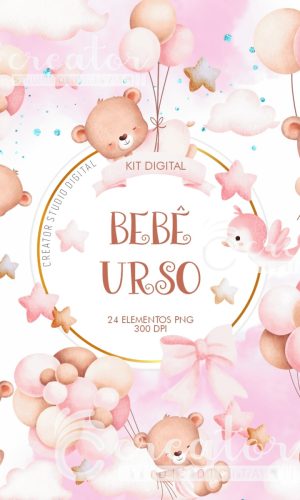 Kit Digital Ursinha Bebê Rosa Aquarela