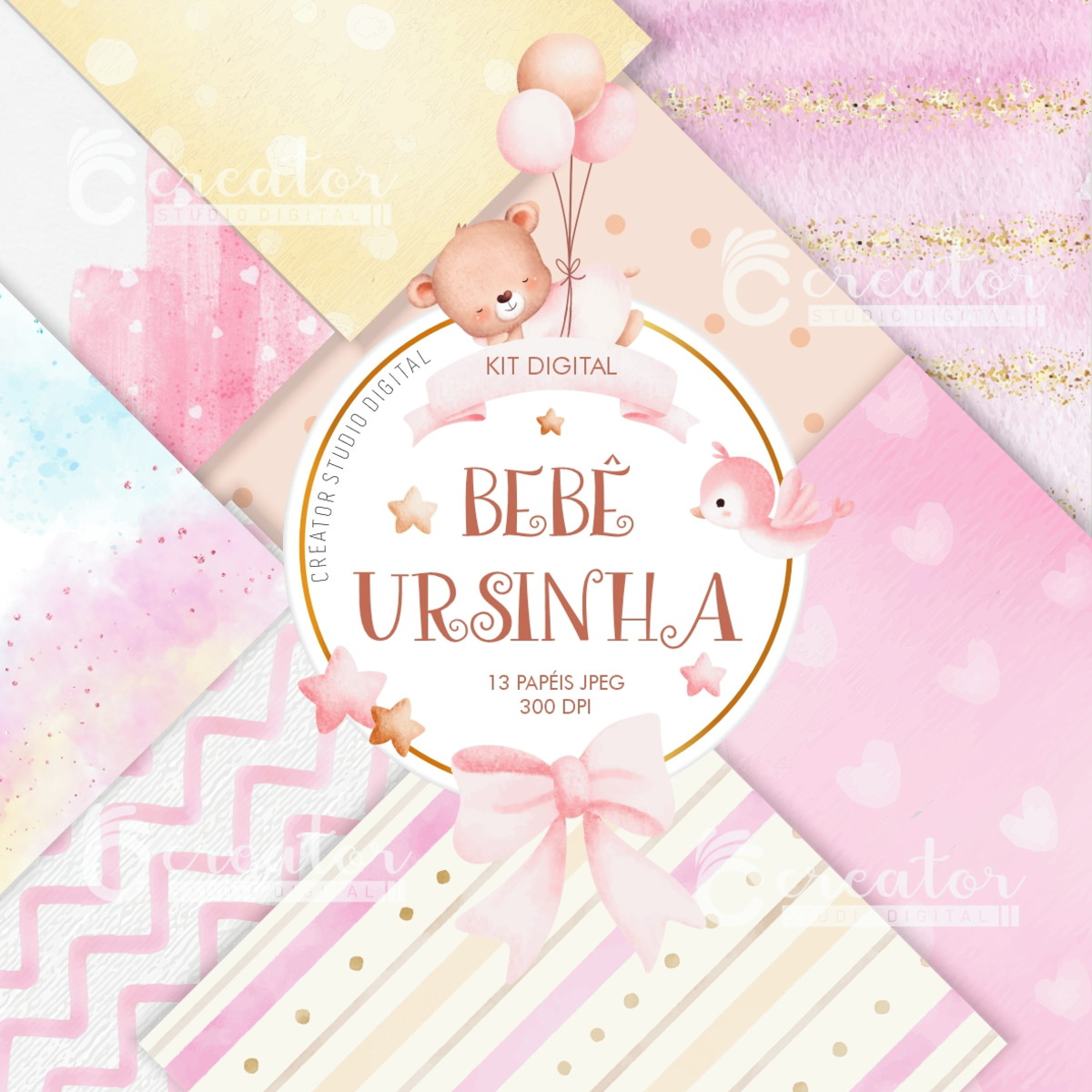 Kit Digital Ursinha Bebê Rosa Aquarela - Imagem 2