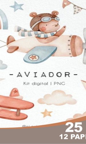 Kit Digital Ursinho Aviador Aquarela