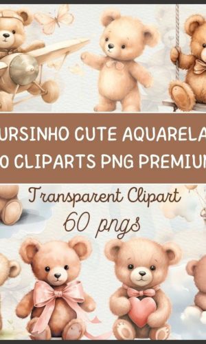 Kit Digital Ursinho Cute Aquarela Premium - Cute Teddy Bear