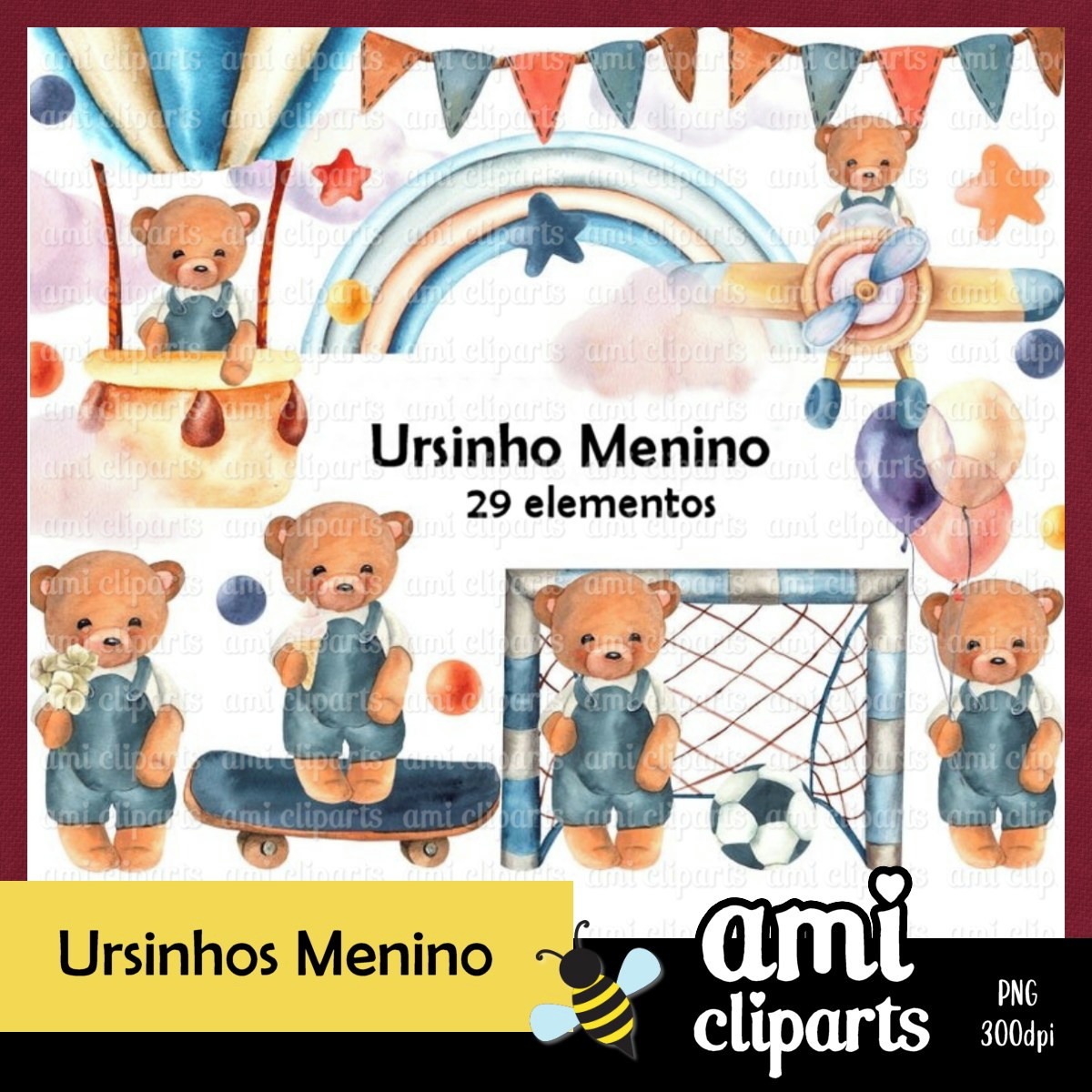 Kit Digital Ursinho Menino Aquarela