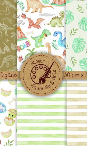 Kit Papel Digital Dinossauro Aquarela Feito a Mão