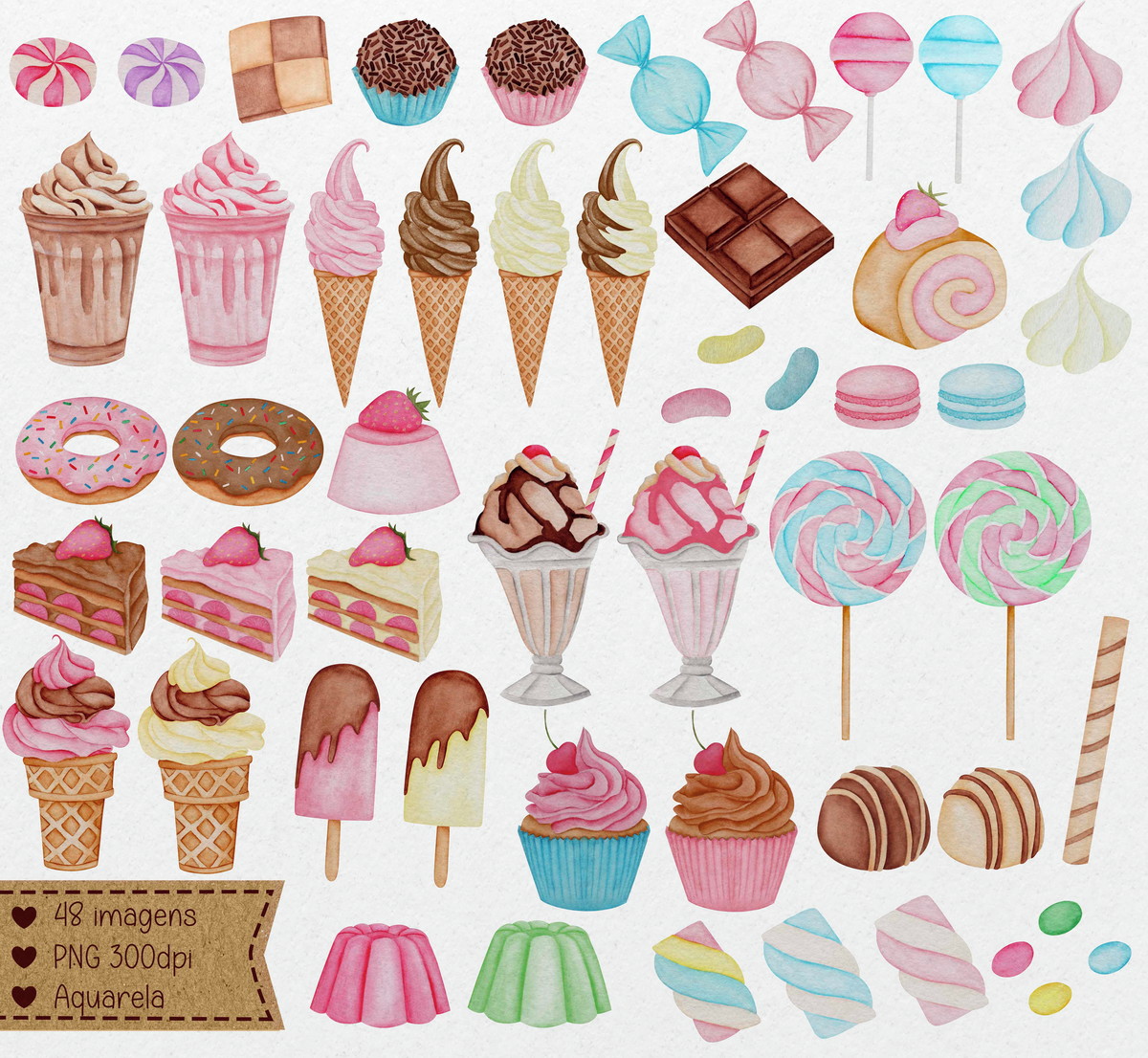Kit Papel Digital Doces Aquarela Feito a Mão - Imagem 2