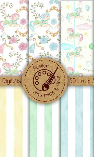 Kit Papel Digital Parque de Diversões Aquarela Feito a Mão
