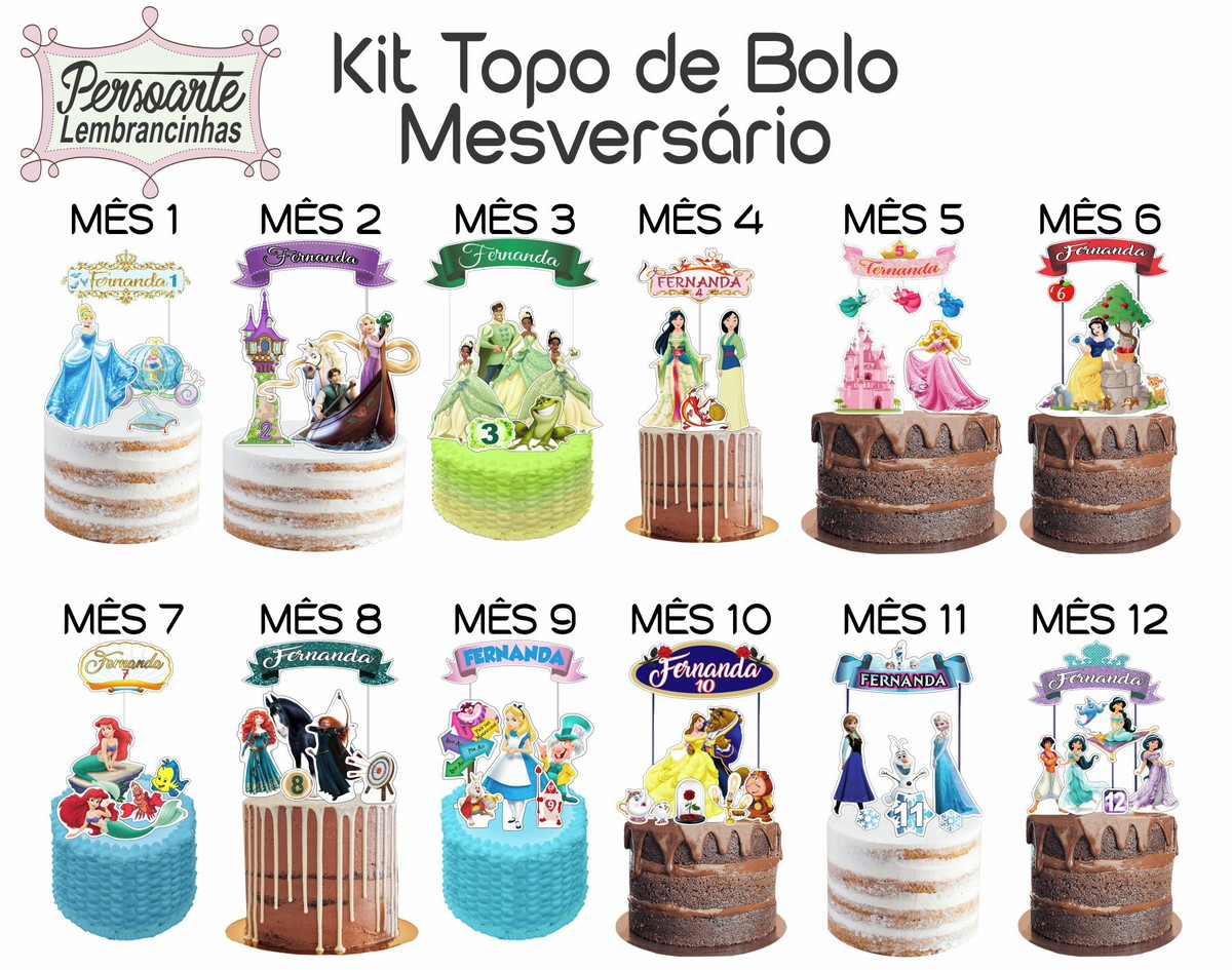 Kit Topo de Bolo Mesversário as Princesas