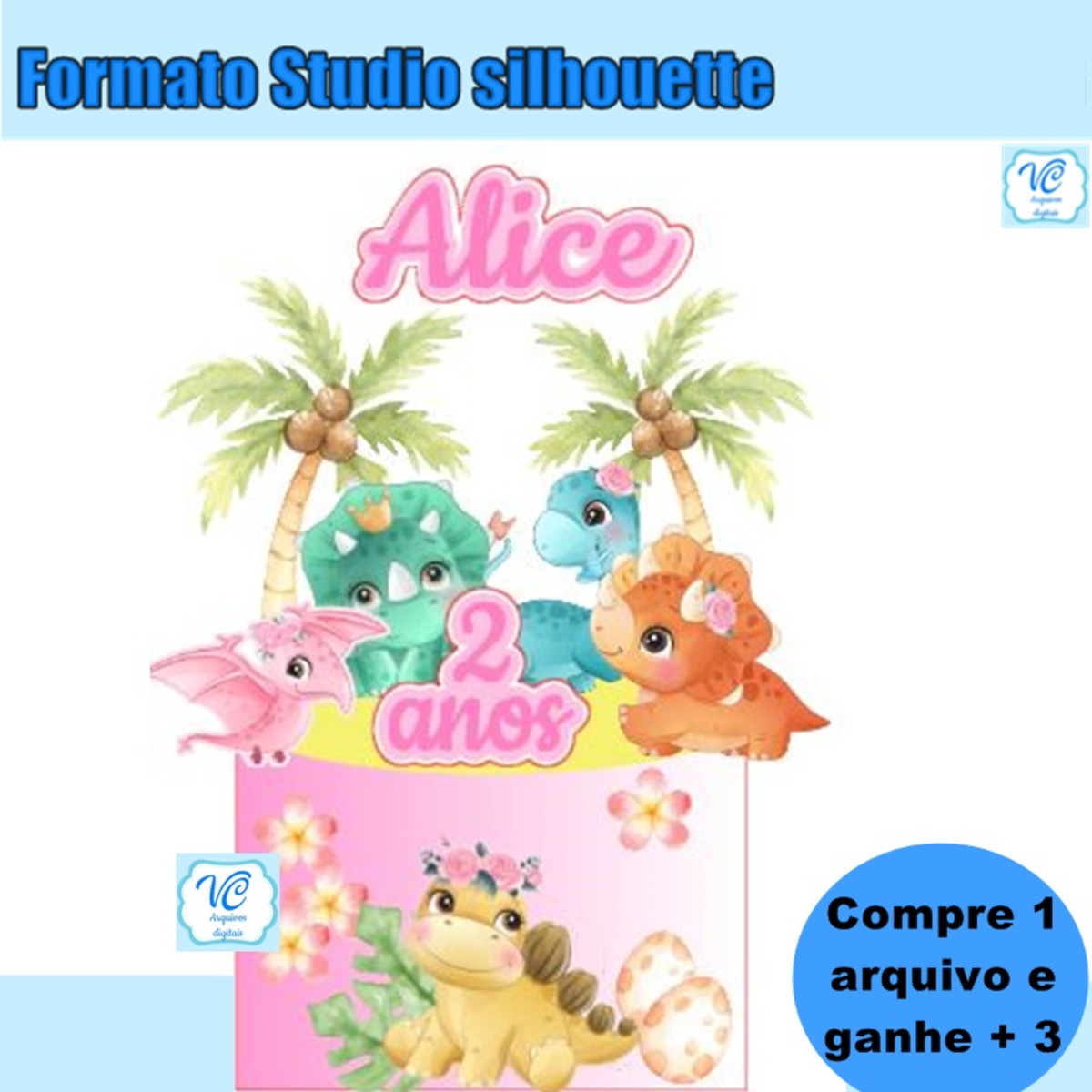 M256- Arquivo topo de bolo Dinossauro rosa aquarelado -06