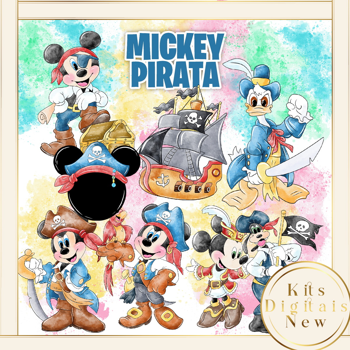 Mickey Pirata Aquarela Kit Digital