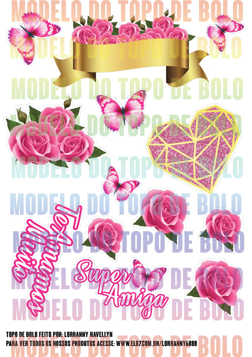 Topo de Bolo Arquivo de Corte Borboletas e Rosas #1 Pdf/jpg - Imagem 2