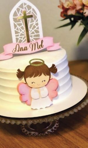 Topo de Bolo Batismo Menina Rosa - Arquivo de Corte