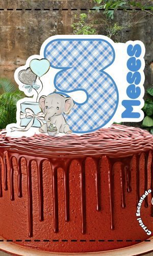 Topo de Bolo Elefante Azul 3 Meses - 4425 Arquivo Digital