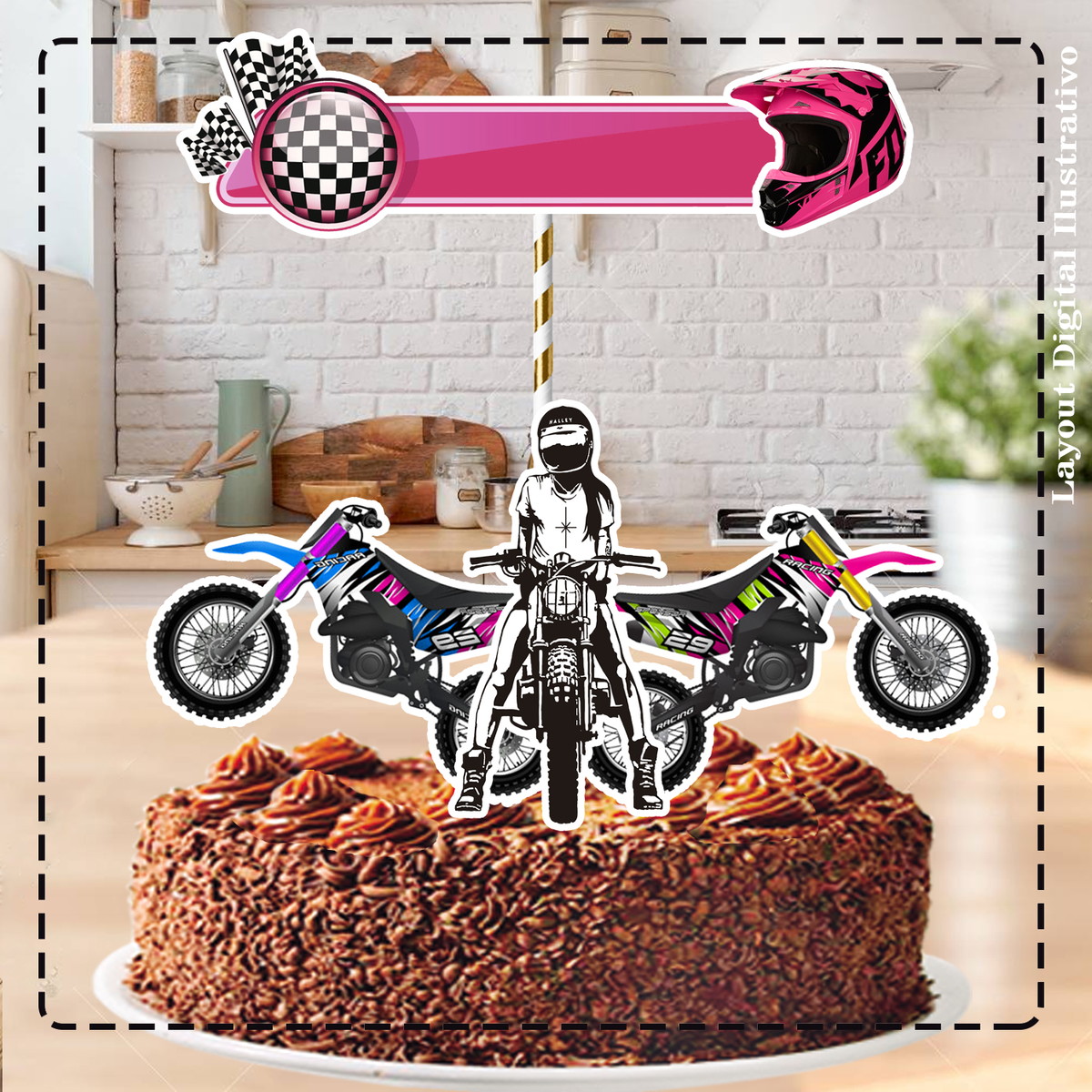 Topo De Bolo Motocross Feminino 01 - Arquivo Digital
