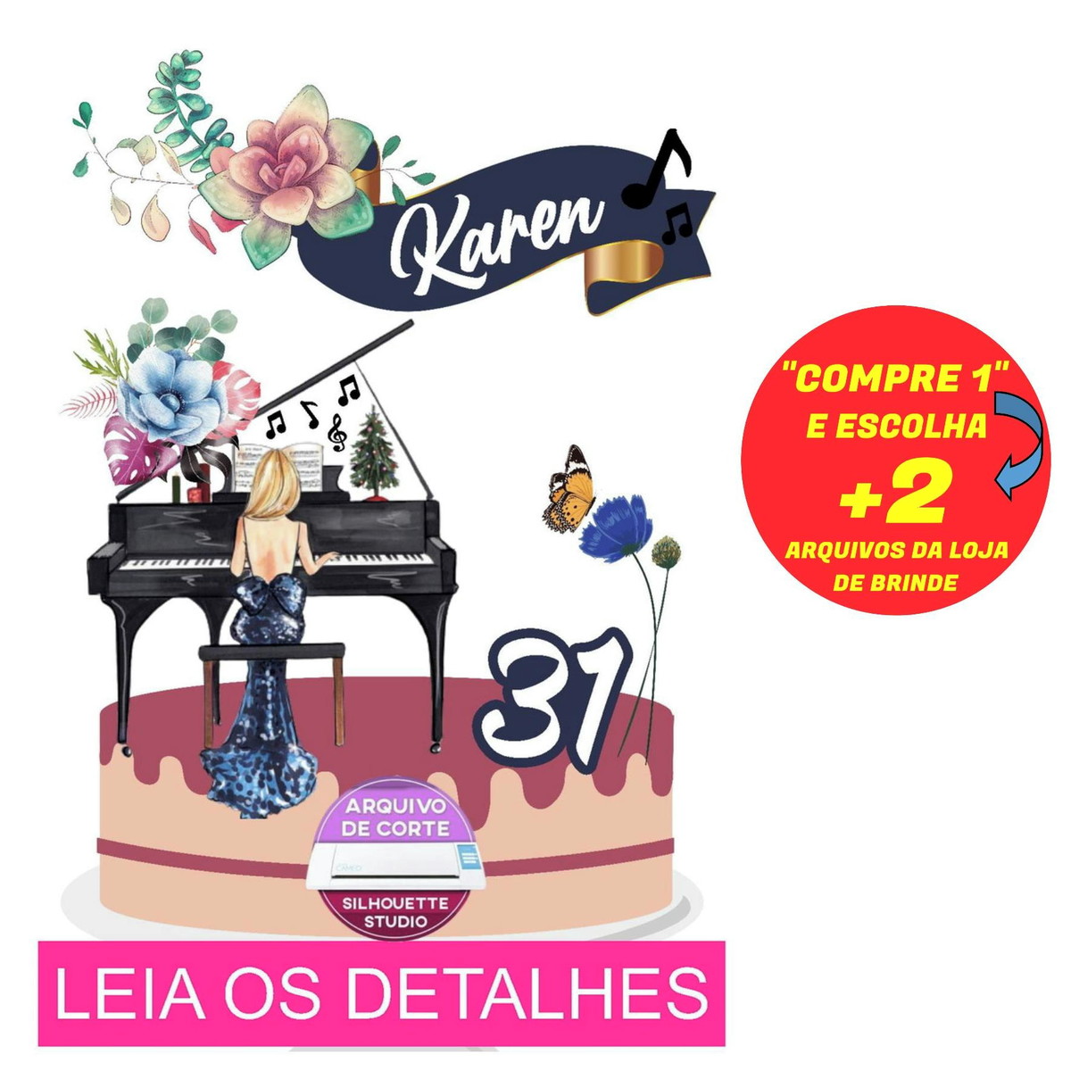 Topo de Bolo Pianista Feminino (Máquina Silhouette)