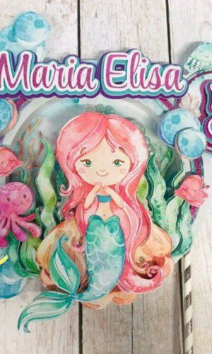 Topo de Bolo Sereia Aquarelado + 4 Arquivos de Brinde