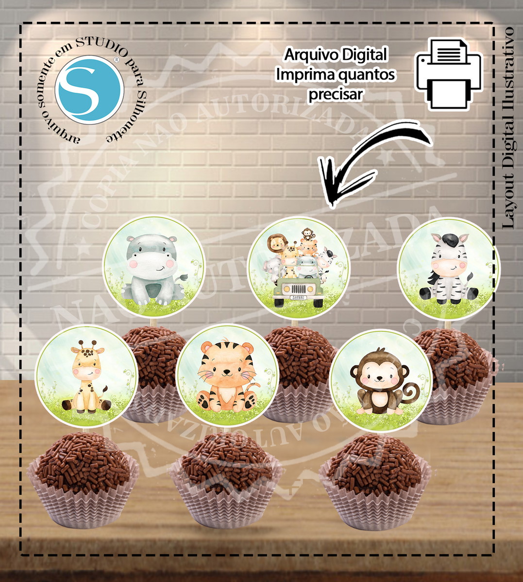 KIT TOPPERS SAFARI AQUARELADO - ARQUIVO DIGITAL