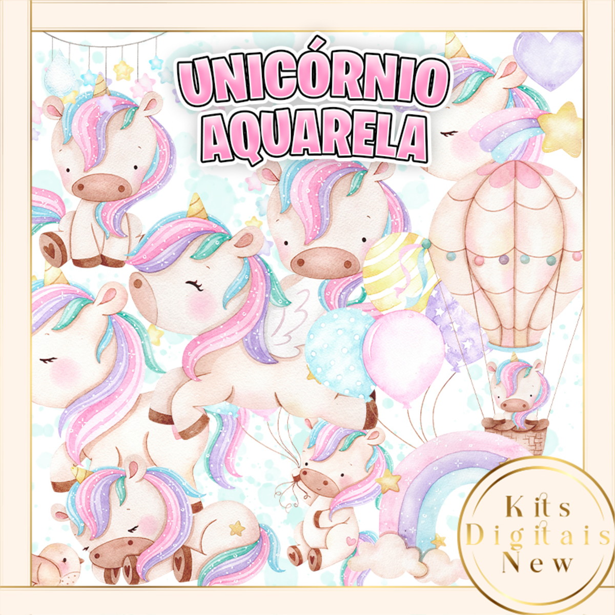 Unicornio Aquarela Candy Color Kit Digital