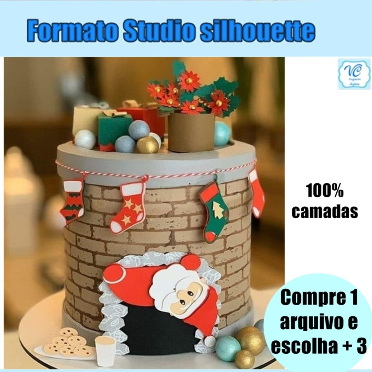 389 - Arquivo de Corte Topo de Bolo de Papai Noel Chaminé
