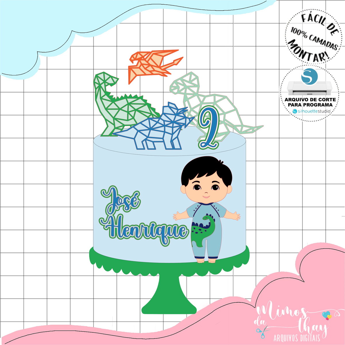 Arquivo de Corte: Topo de Bolo Dinossauro Menino Cute 031