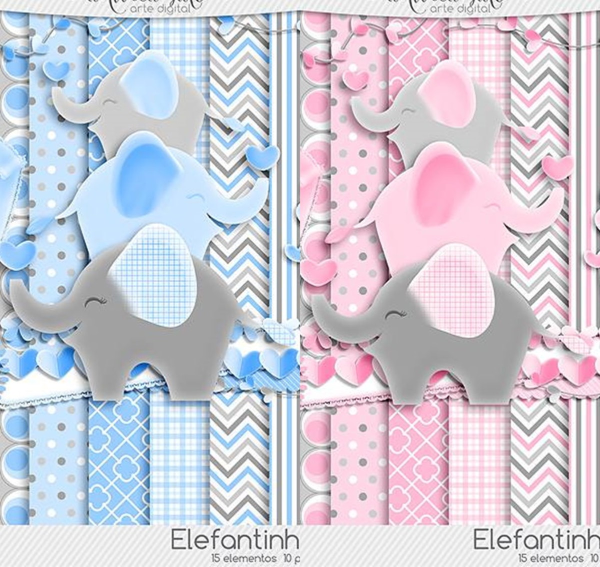 Kit Digital ELEFANTINHO CHEVRON rosa e azul