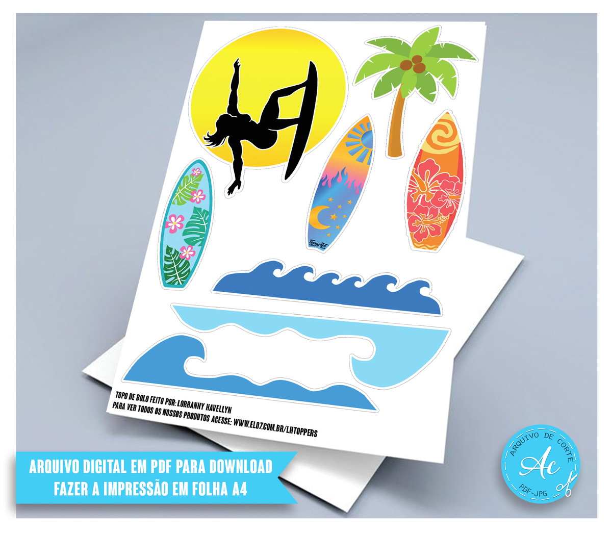 Arquivo Digital Topo de bolo Mulher Surfista #1 PDF/JPG - Imagem 2