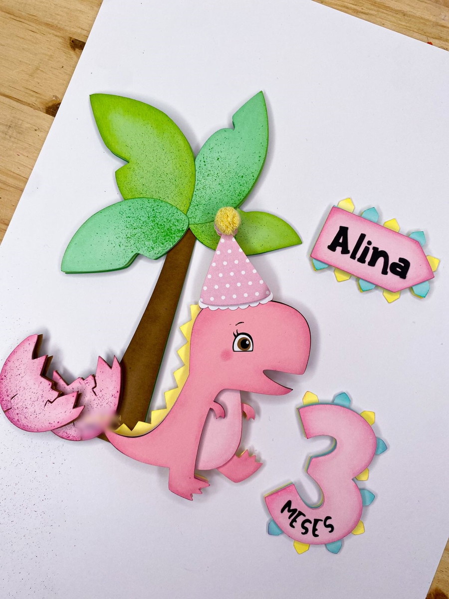 Arquivo Topo de Bolo Bebê Dino Baby Rosa - Silhouette