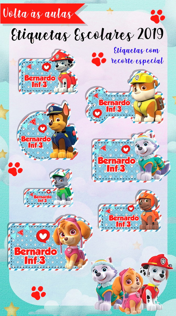 Etiquetas escolar patrulha canina menina e menino