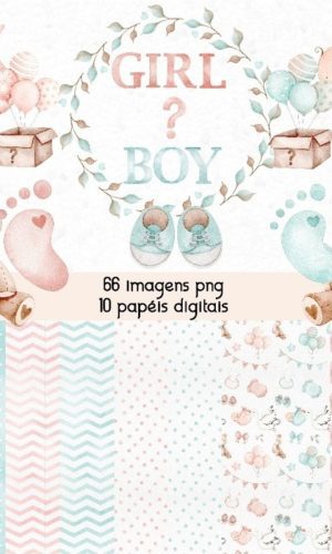 Kit Digital Chá Revelação Aquarelado 66