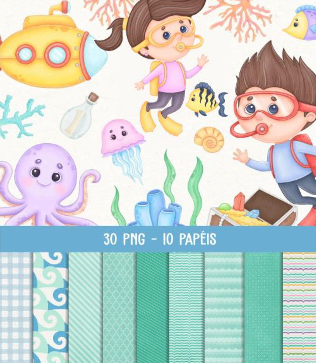 Kit Digital Fundo do Mar Aquarelado 1240