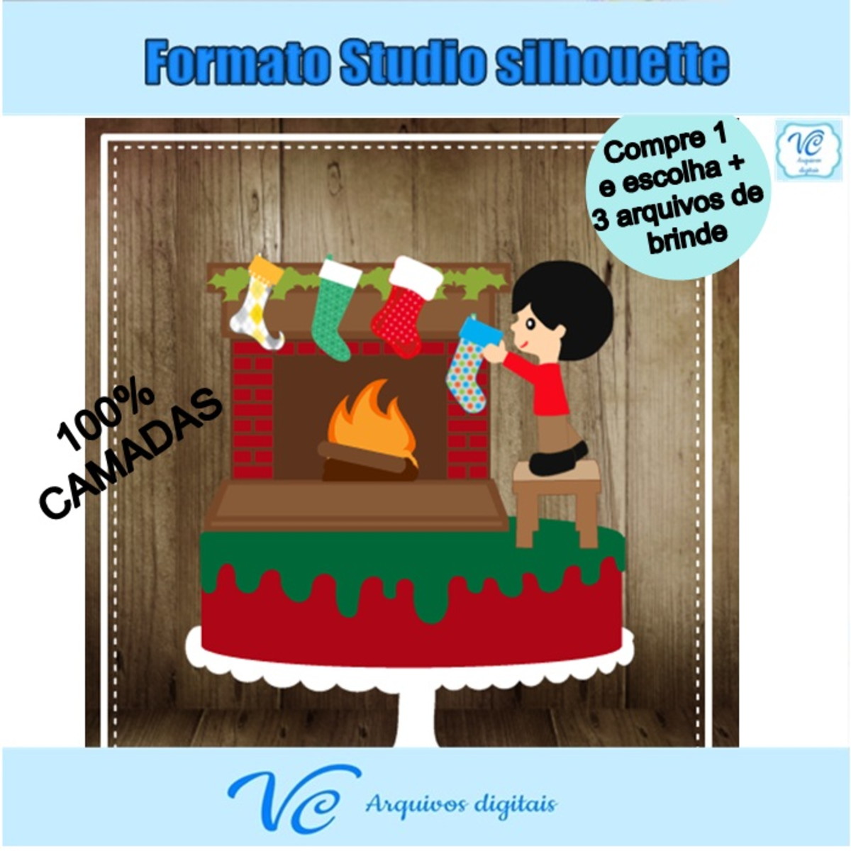M110- Arquivo Topo de bolo Natal Menino Lareira 01 STUDIO