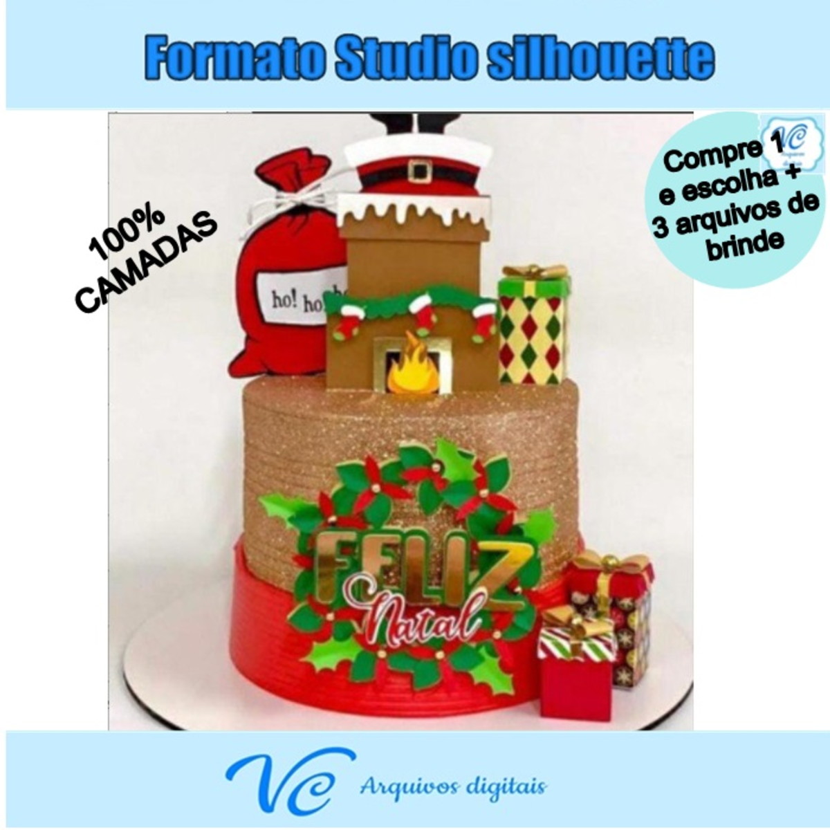 M122- Arquivo Topo de bolo Natal Lareira 02 STUDIO