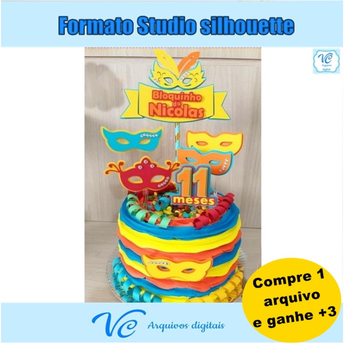 M144- Arquivo de corte Topo de Bolo Carnaval Mascaras