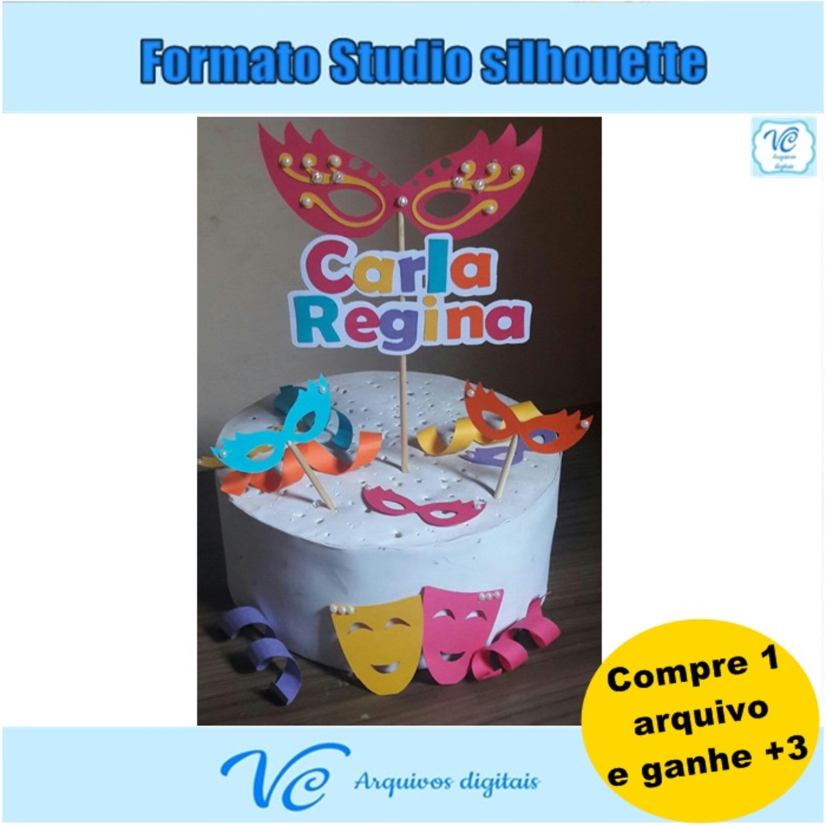 M146- Arquivo de corte Topo de Bolo Carnaval Mascaras
