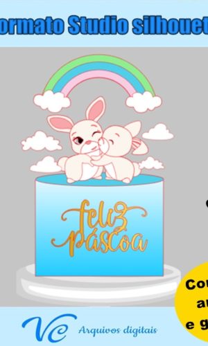 M182-Topo de Bolo Páscoa Coelhinho Arco Iris- Arquivo Corte