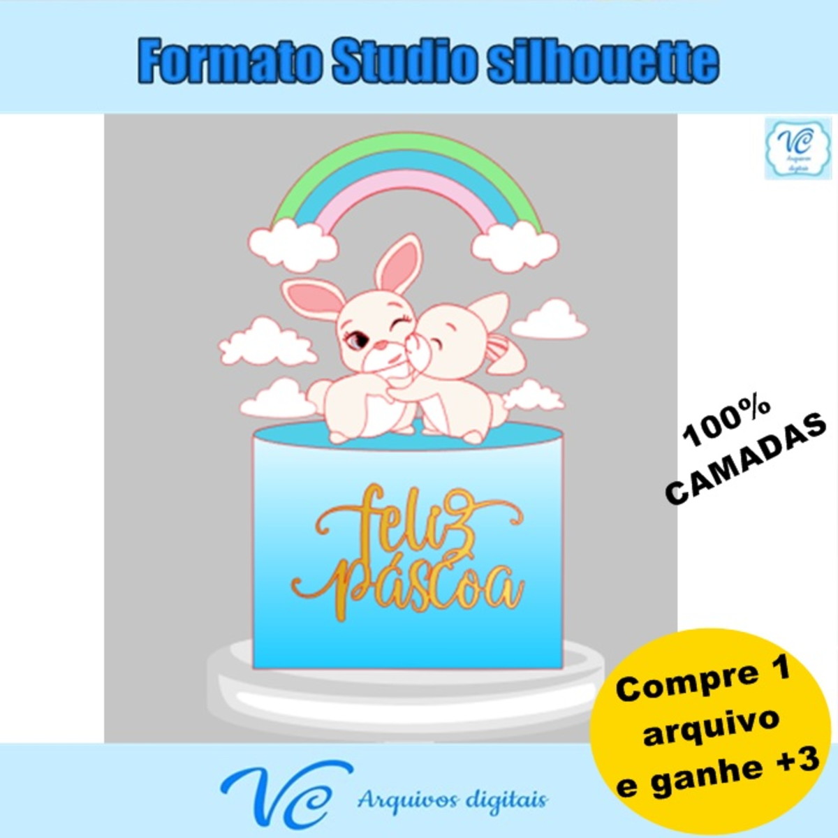 M182-Topo de Bolo Páscoa Coelhinho Arco Iris- Arquivo Corte