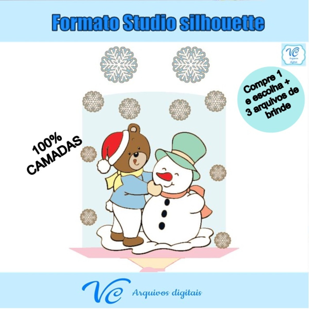 M89- Arquivo Topo de bolo Natal Ursinho Boneco de Neve