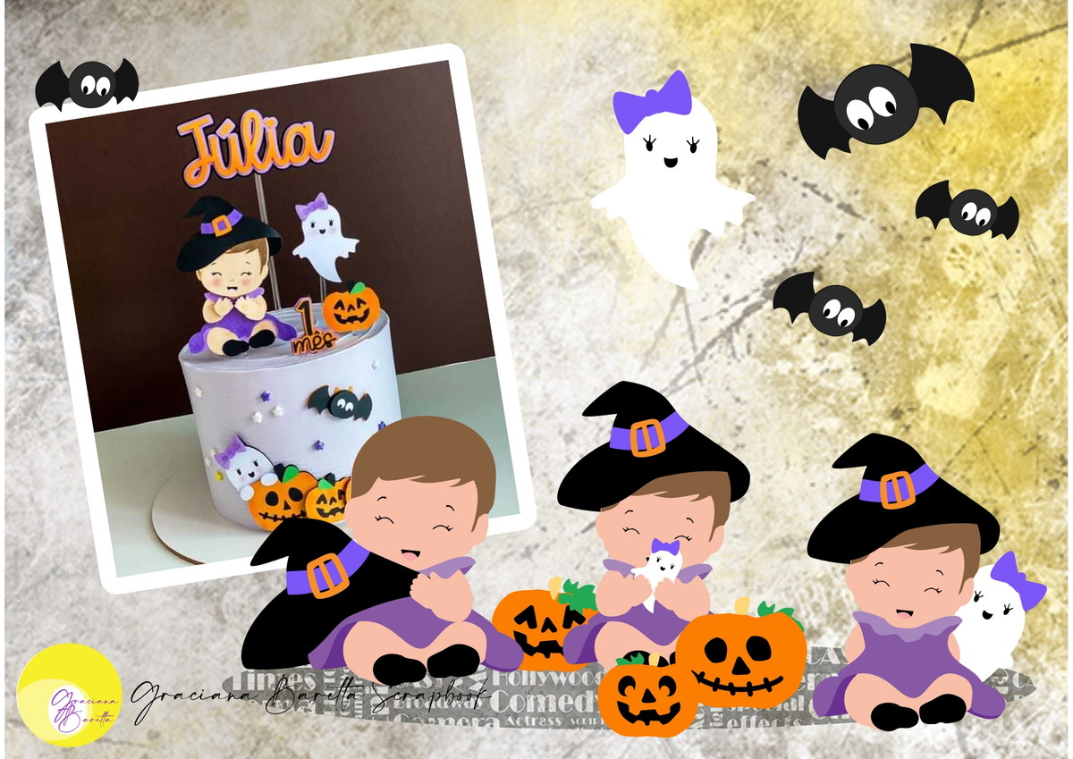 Topo de Bolo Halloween Menina Bruxinha + Fantaspet - Imagem 2