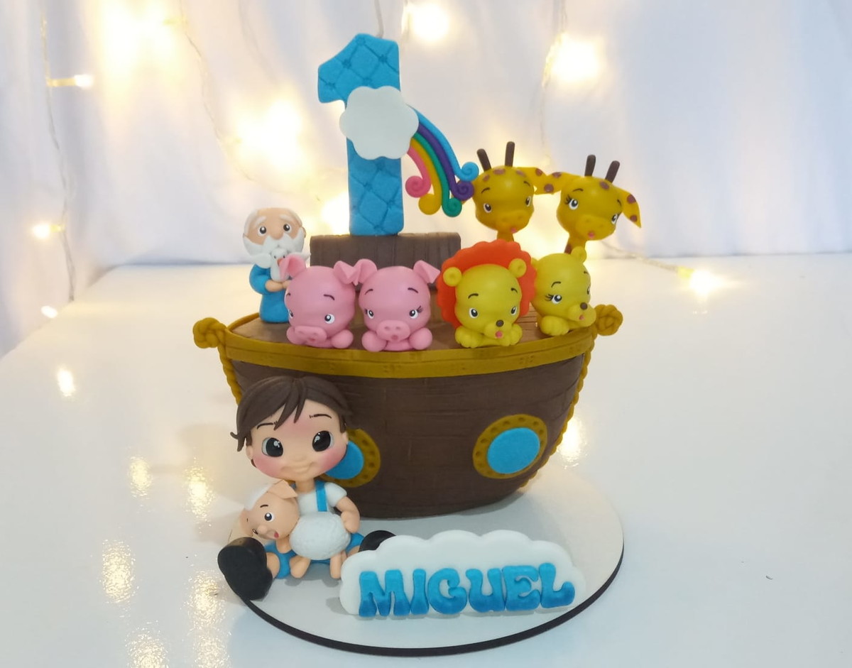 Topo de Bolo Personalizado Arca de Noé com Bichinhos