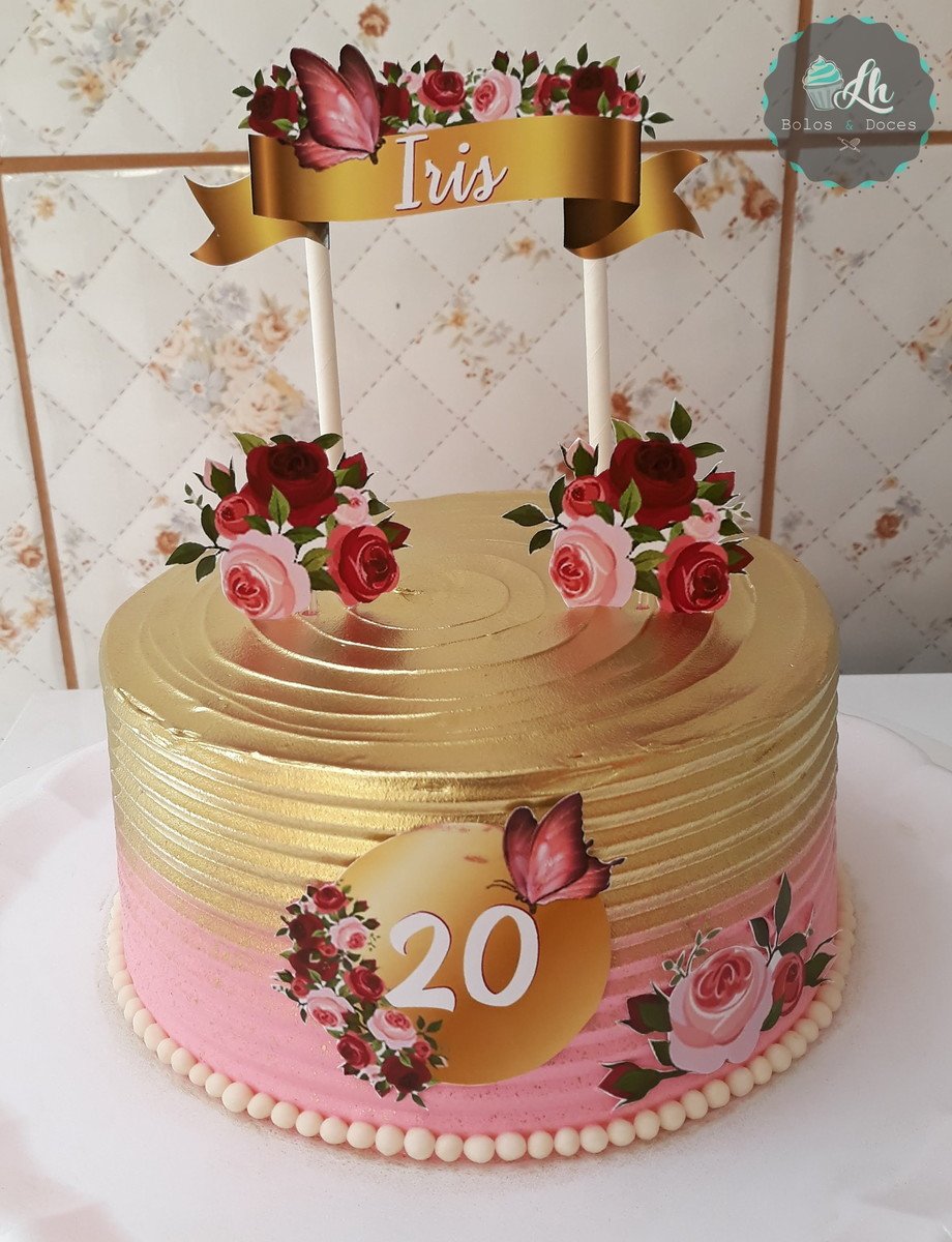 Arquivo de Digital Topo de Bolo Rosas com Dourado #1 Pdf/jpg