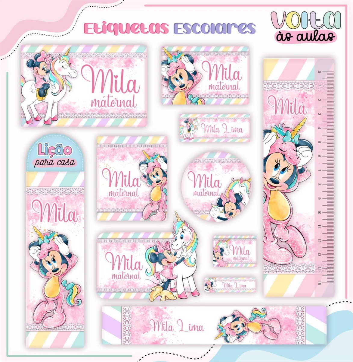 Arquivo Corte Etiqueta Escolar Tema Minnie Unicórnio #16854
