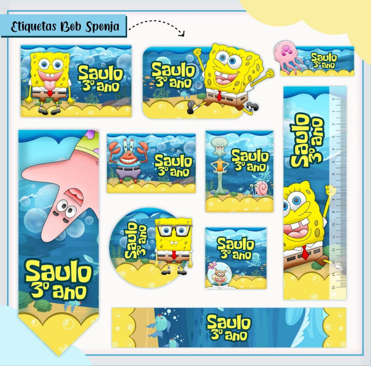 Arquivo de Corte Etiqueta Escolar Tema Bob Esponja #16860