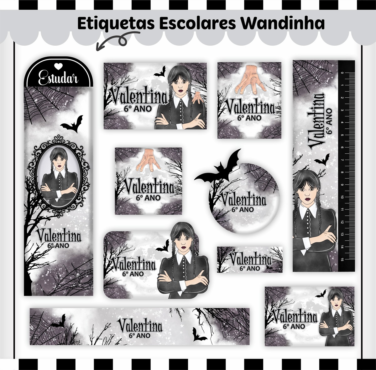 Arquivo de Corte - Etiqueta Escolar (wandinha) a