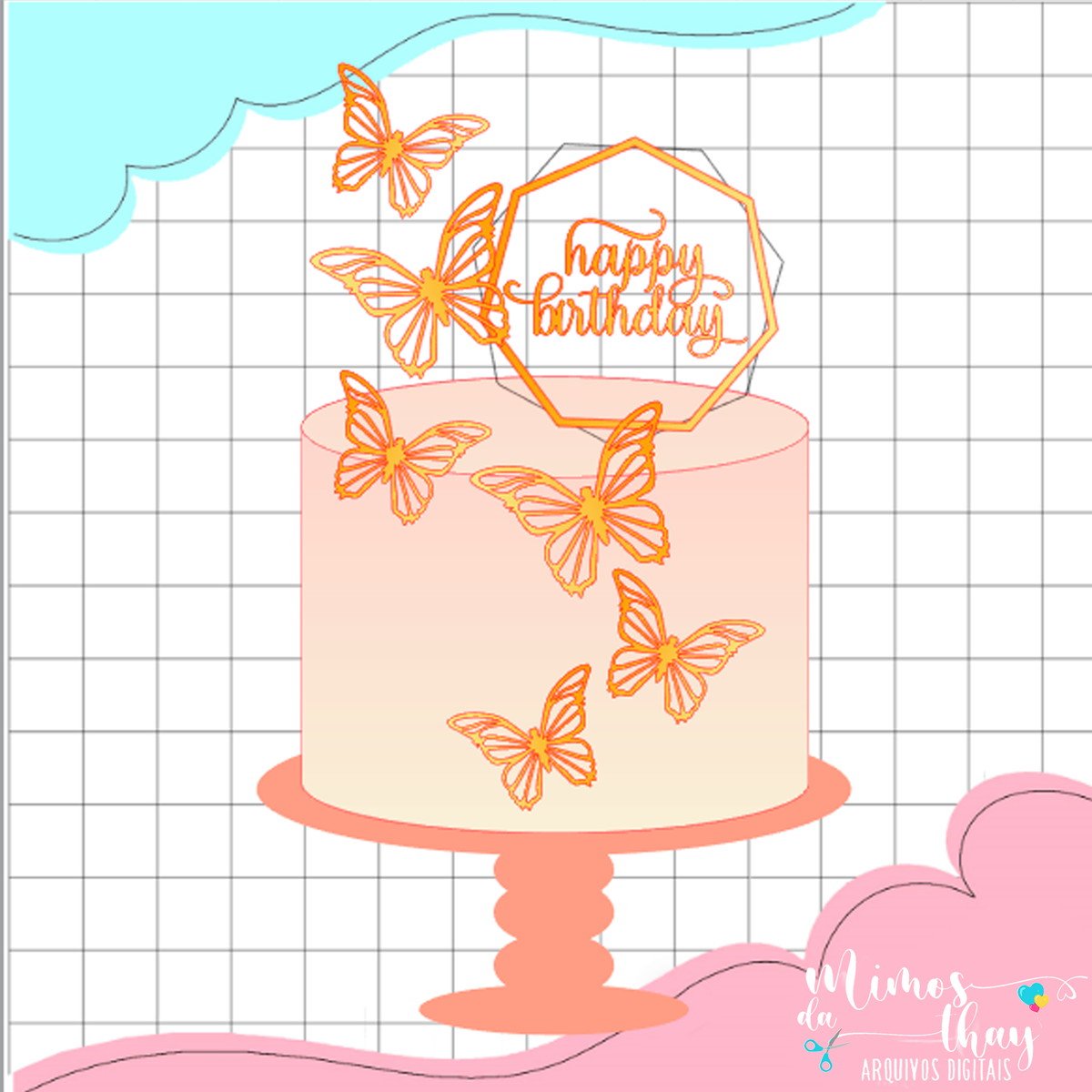 Arquivo de Corte: Topo D Bolo Happy Birthday + Borboleta 005