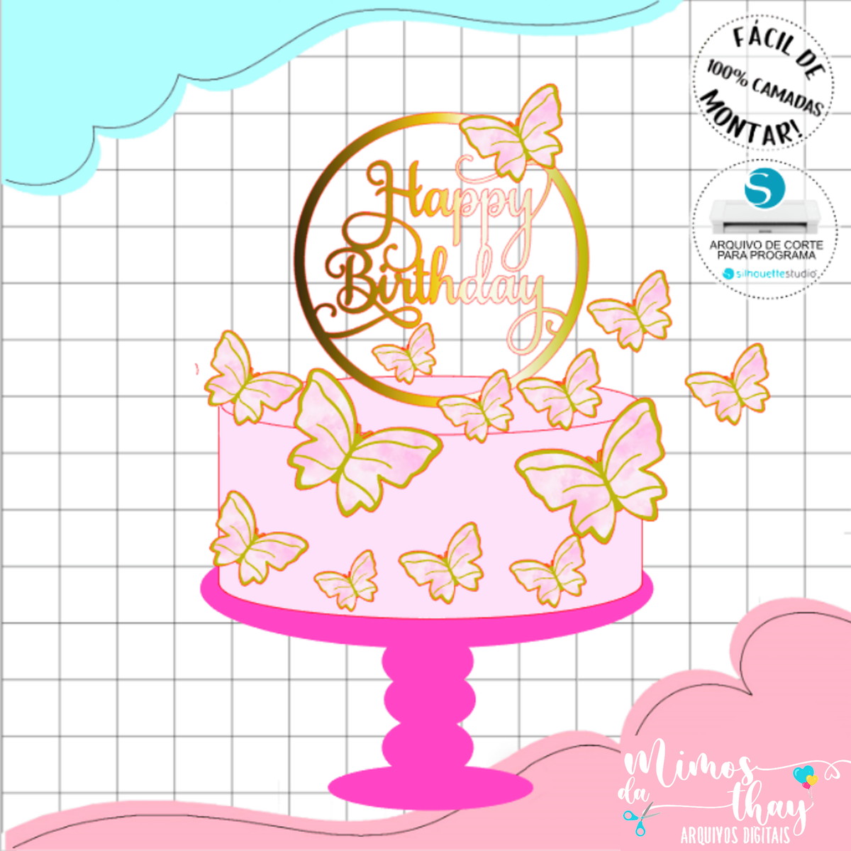Arquivo de Corte Topo de Bolo Borboletas Happy Birthday 010 - Imagem 2
