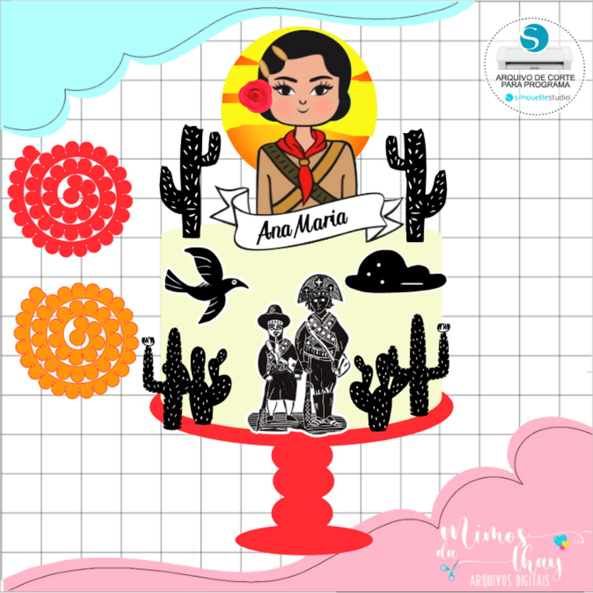 Arquivo de Corte: Topo de Bolo Maria Bonita + Flor 3d 001